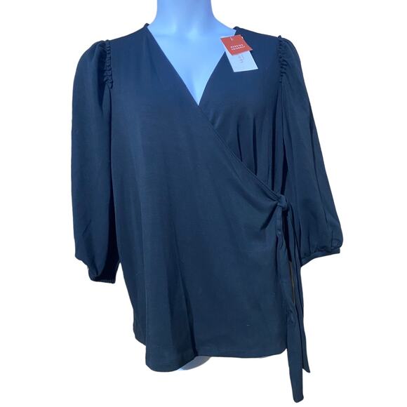 Isabel Maternity Nursing friendly black 3/4 sleeve wrap blouse NWT Large - Picture 2 of 10